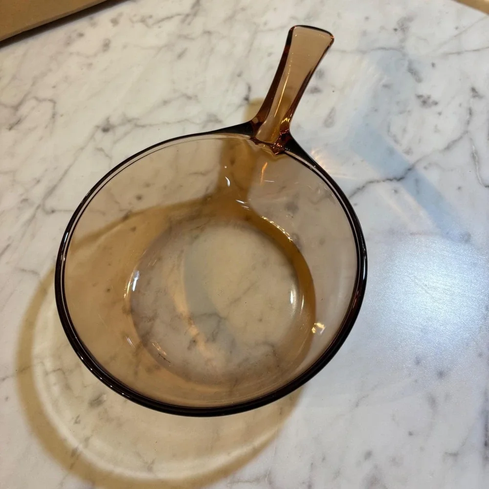 Visions Corning Amber Glass 0.5L Saucepan Bowl with Handle Made in USA Vintage